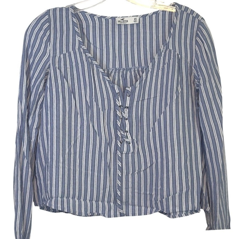 Hollister Lace Up Stripe Blouse Women Blue White Long Sleeve Boho Beachy JR XS